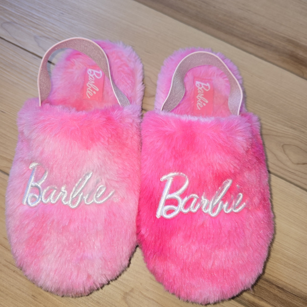 Barbie Hot Pink & Light Pink Fuzzy Slip-On Slippers Girls Size 2-3